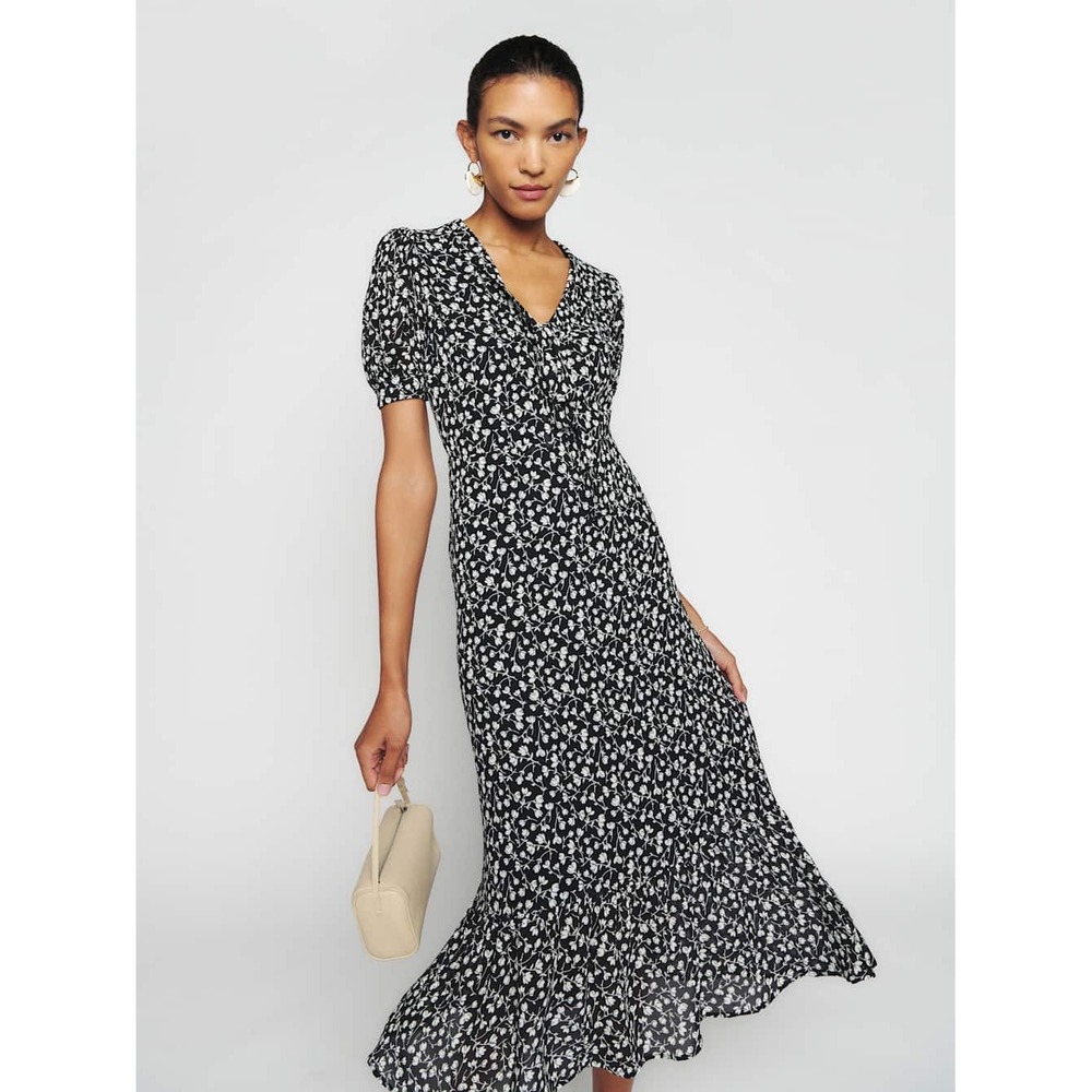 Reformation Reeds Ruffle Floral Georgette Midi Dress Size 0 Black Minimalist